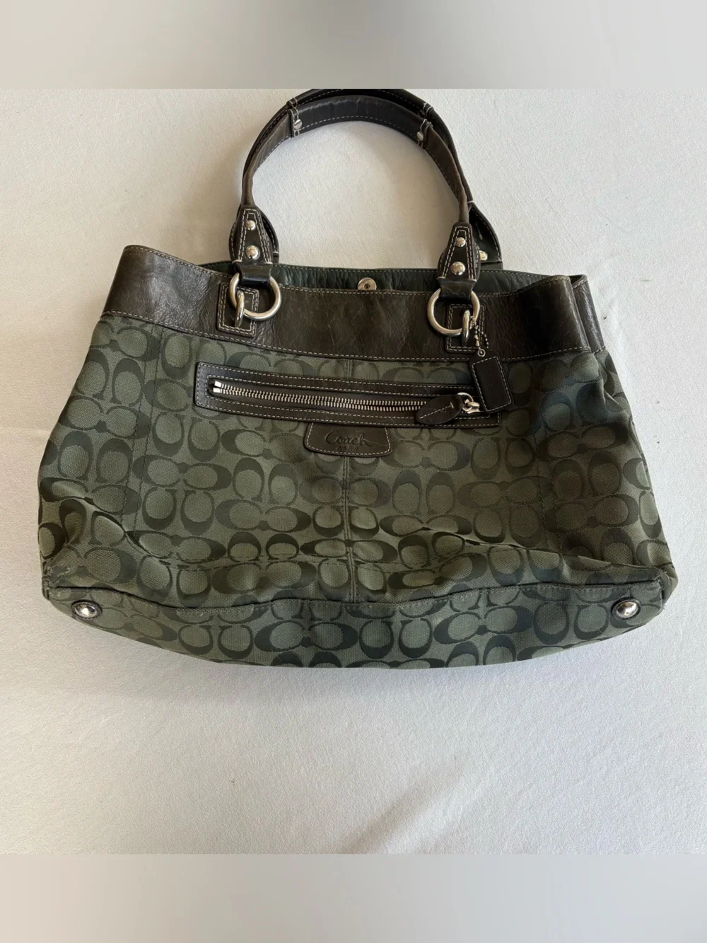 Vintage Coach Purse Forest Green Olive Penelope Carry all with Leather Trim